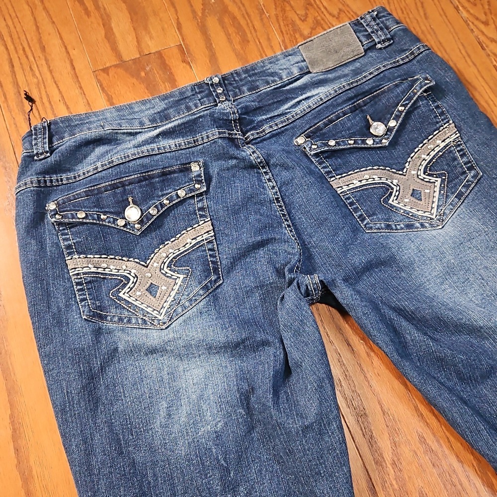 Women's Y2K Jeans Thrill Size 40x32 Embellished Pockets Blue Denim
